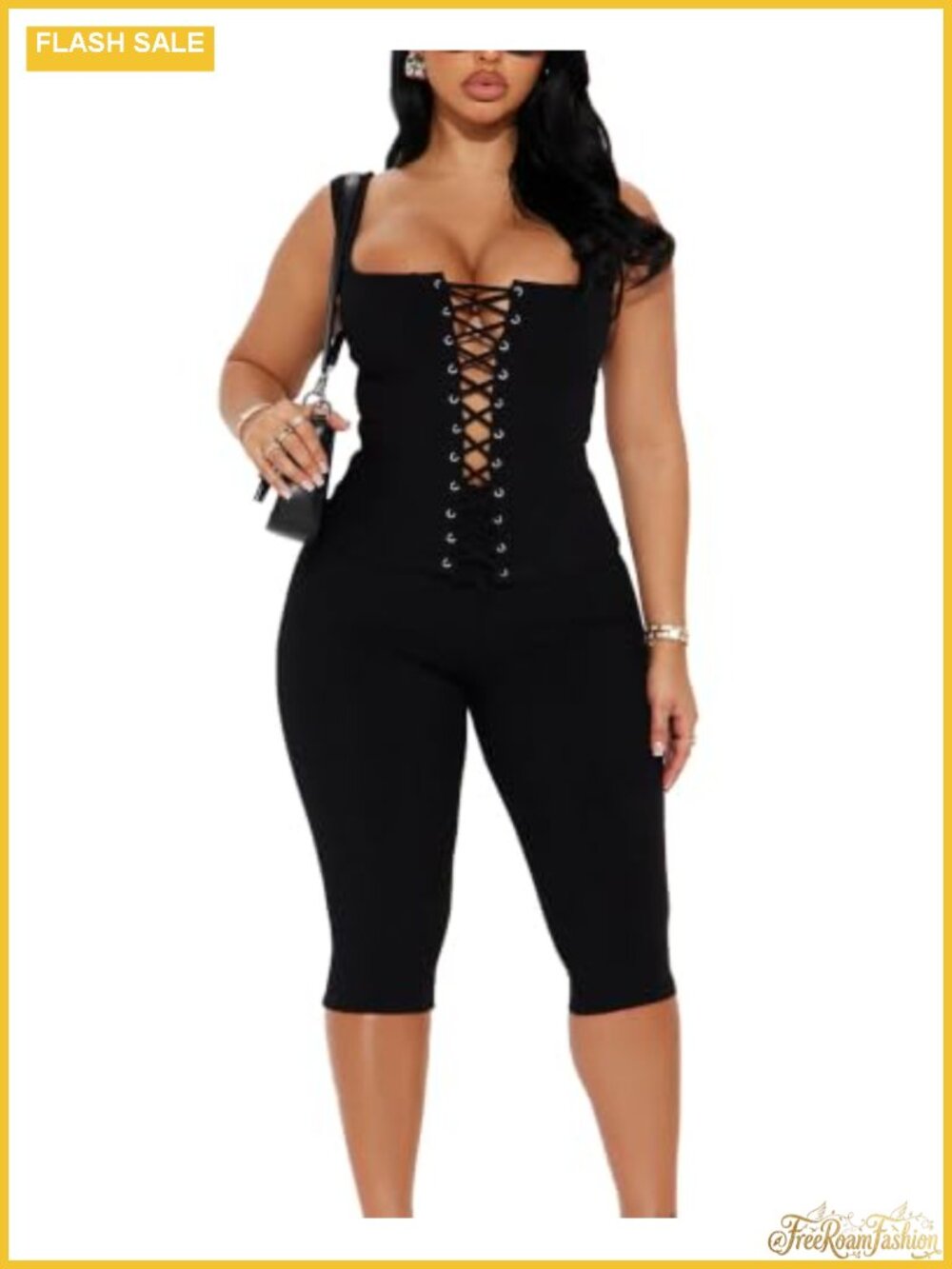 2 Piece Set Women Ribbed Tie Front Crop Top High Waist Capri Pants Bodycon